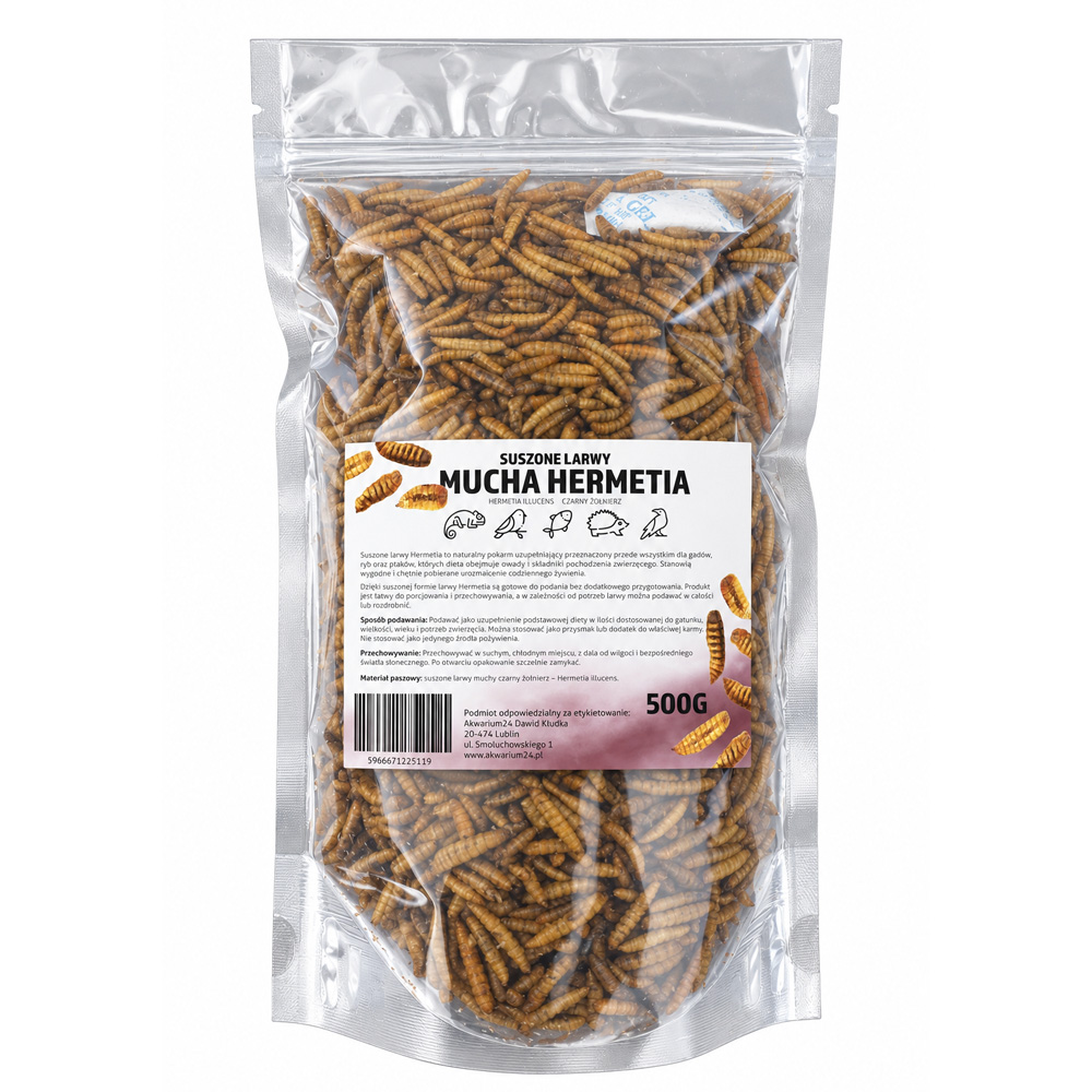 Suszone Larwy Muchy Hermetia Czarny Żołnierz 500g dla Gadów Ryb Ptaków